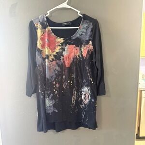 Katina Marie Womens Large Black Abstract Floral Art Print 3/4 Sleeve Tunic Top